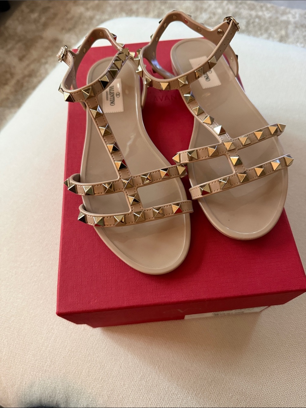 Valentino Beige Rockstud T-Strap Sandals with Gold Studs